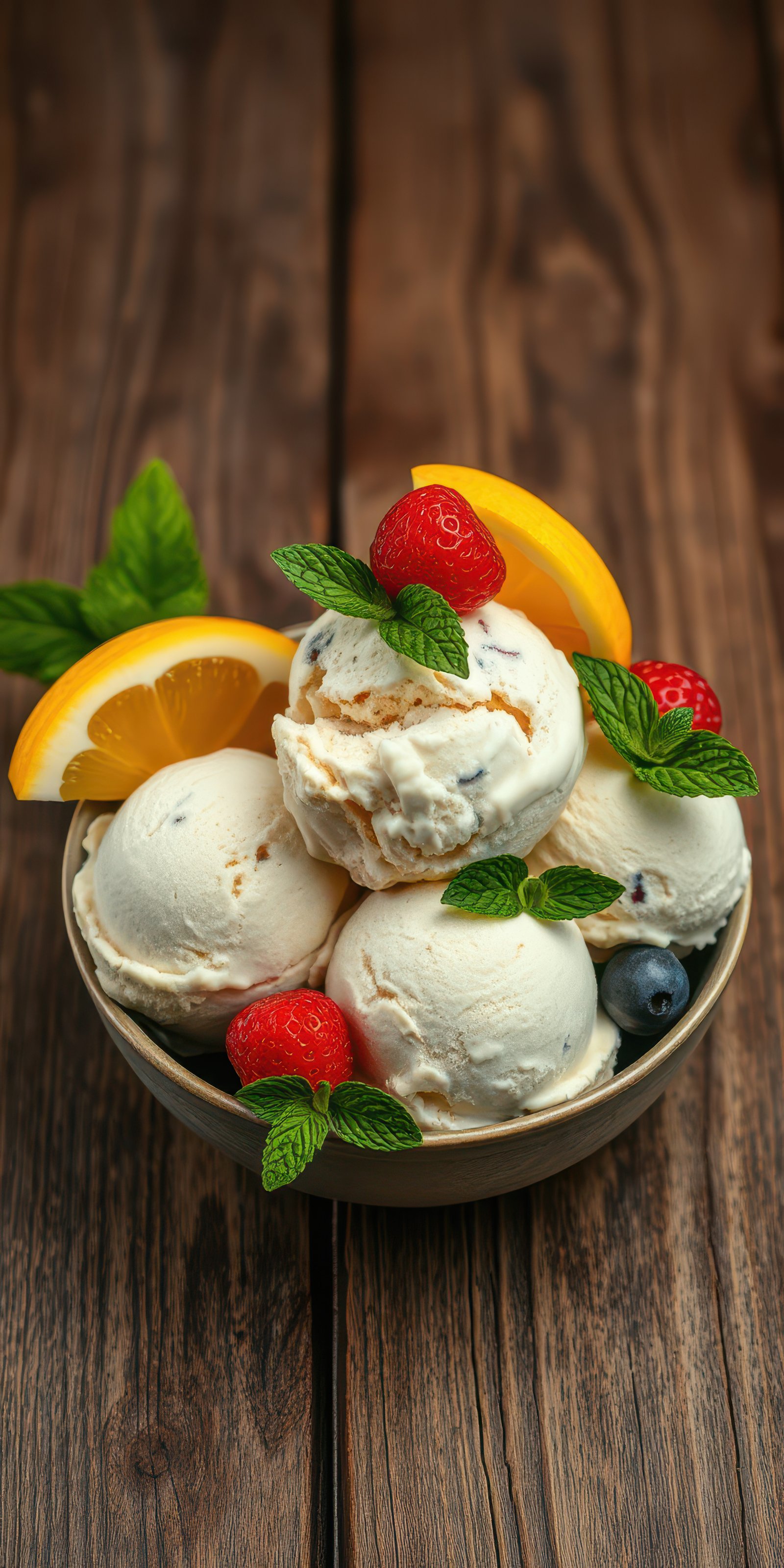 Delicious ice cream bowl with fresh fruits including raspberries, lemon, and mint on a wooden table